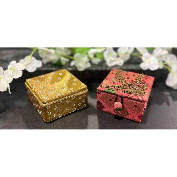 2 Decorative Jewelry Trinket Boxes Gold & Red Fabric With Embroidery & Beading - Picture 1 of 7